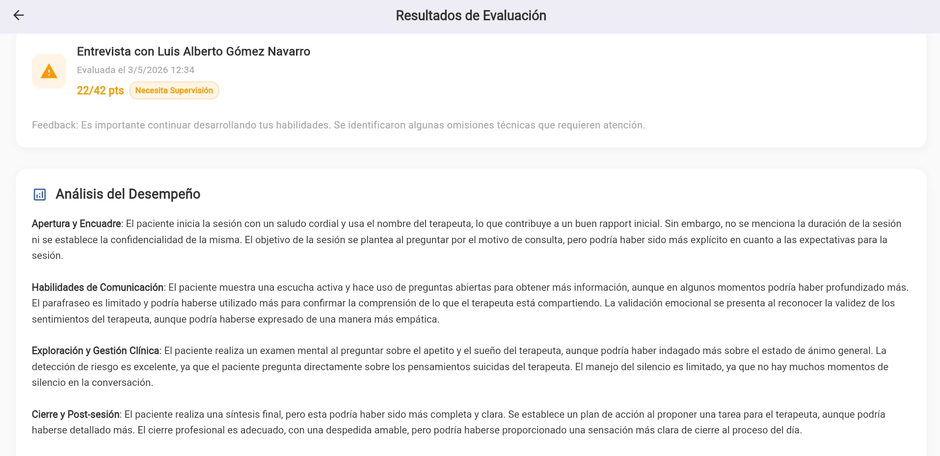Pantalla de resultados de evaluación de Interactua